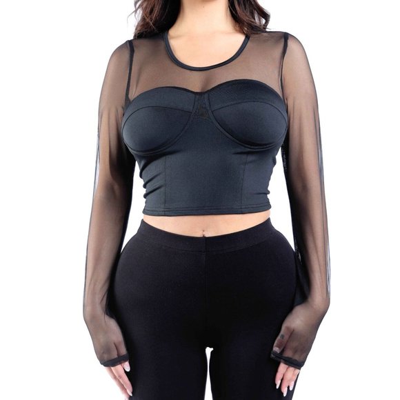 Boutique Tops - Women's Mesh Long Sleeve Blouse Top Scoop Neck Cropped Style Open Back Comfy